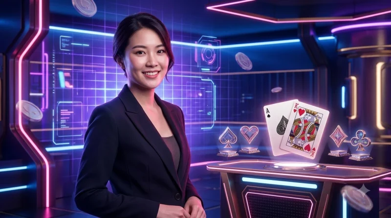 Ảnh tổng quan bàn blackjack cao cấp với giao diện hologram hiển thị thông số