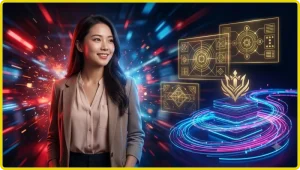 Bàn chơi phỏm với các bộ bài được sắp xếp và chip vàng trên nền tối sang trọng