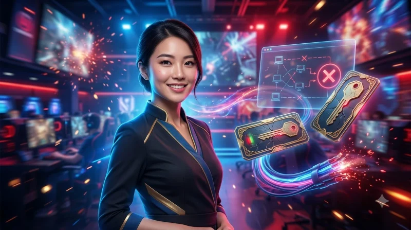 Màn hình máy tính hiển thị cảnh báo mạng cùng bộ định tuyến phát sáng xanh trong không gian làm việc hiện đại