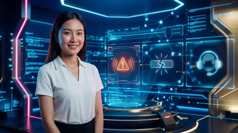 Minh họa dịch vụ hỗ trợ khách hàng chuyên nghiệp với tai nghe và màn hình laptop phát sáng