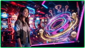 Minh họa jackpot slot nền tảng trực tuyến với vòng quay giải thưởng và hiệu ứng ánh sáng năng động